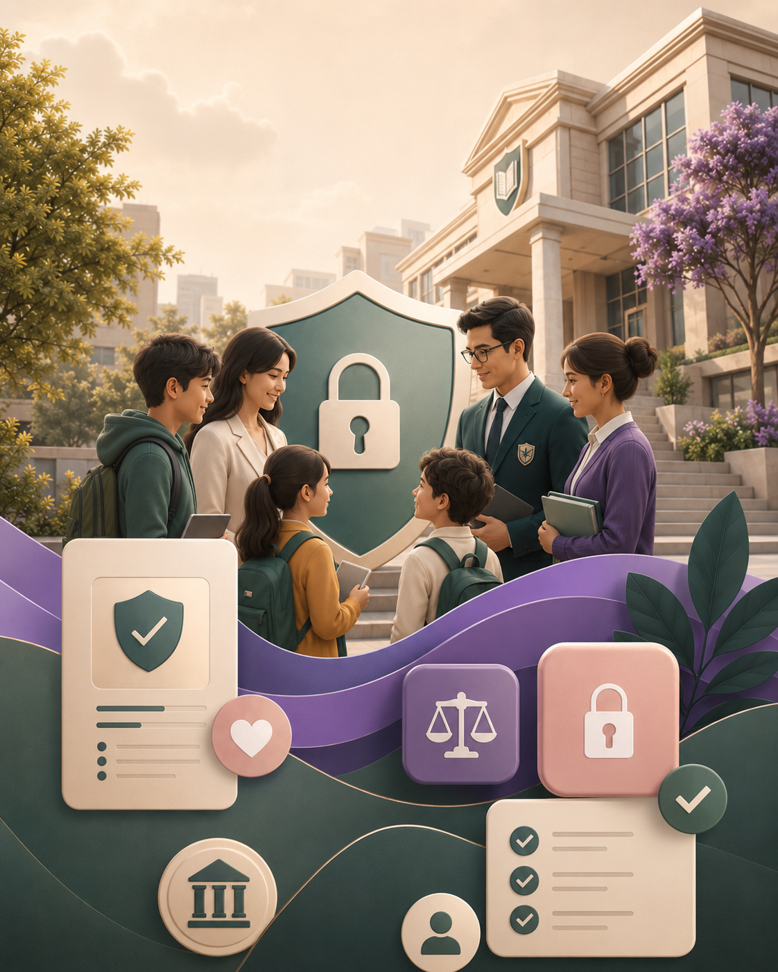 Students and educators gathered around legal, privacy and safety symbols